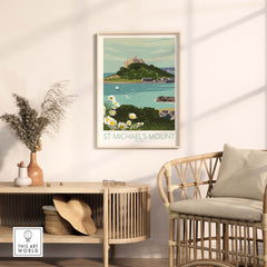 Cornwall Print of St Michael's Mount Art displayed in a stylish home setting with natural decor.