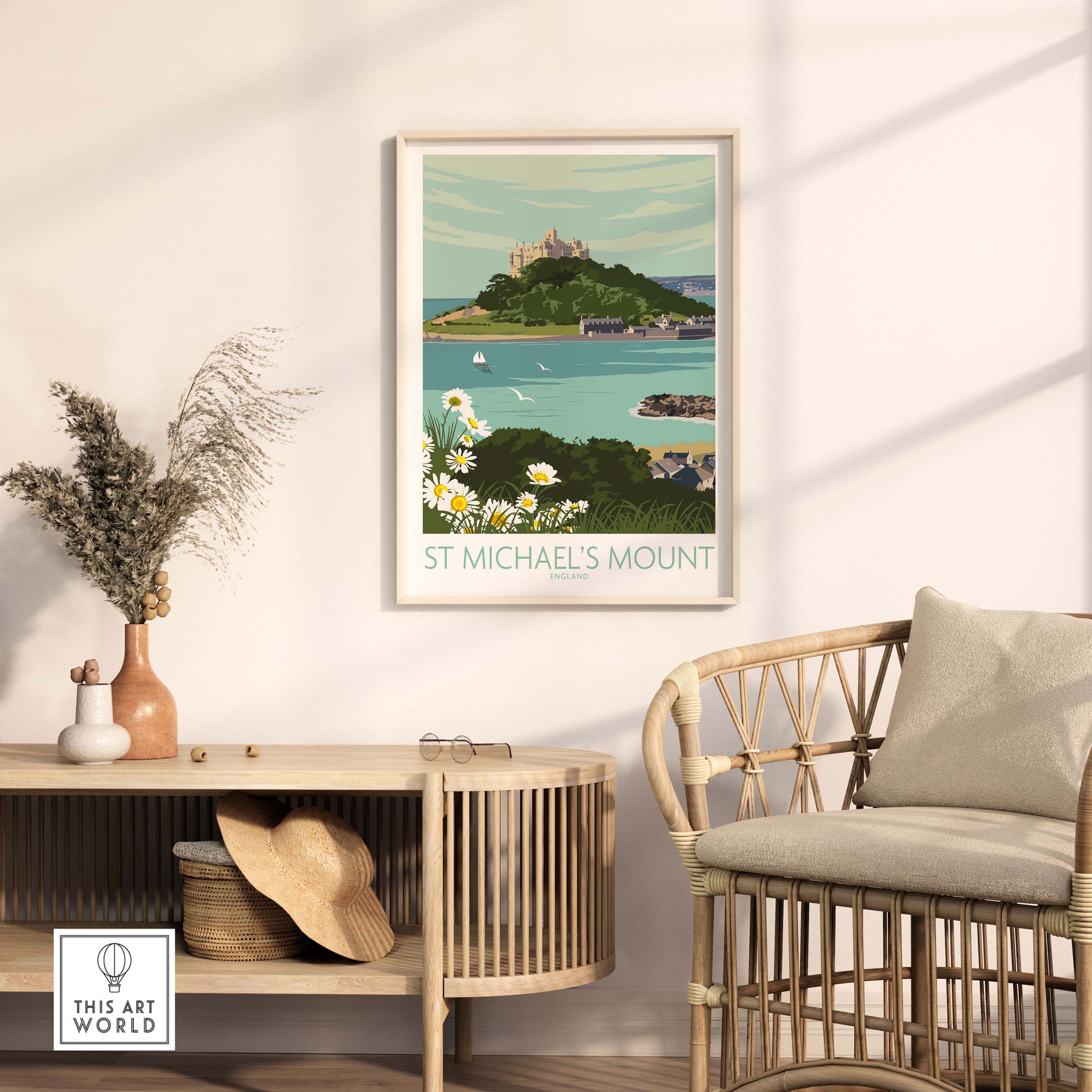 Cornwall Print of St Michael's Mount Art displayed in a stylish home setting with natural decor.