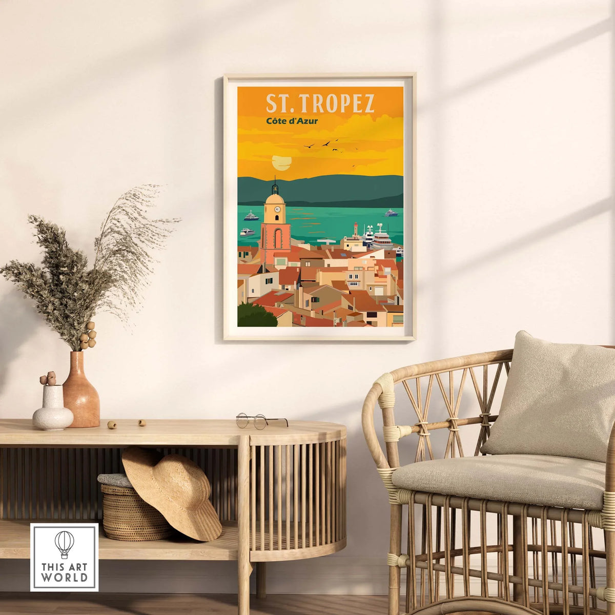 St Tropez France print poster wall art featuring a vibrant coastal scene, framed for stylish home decor.