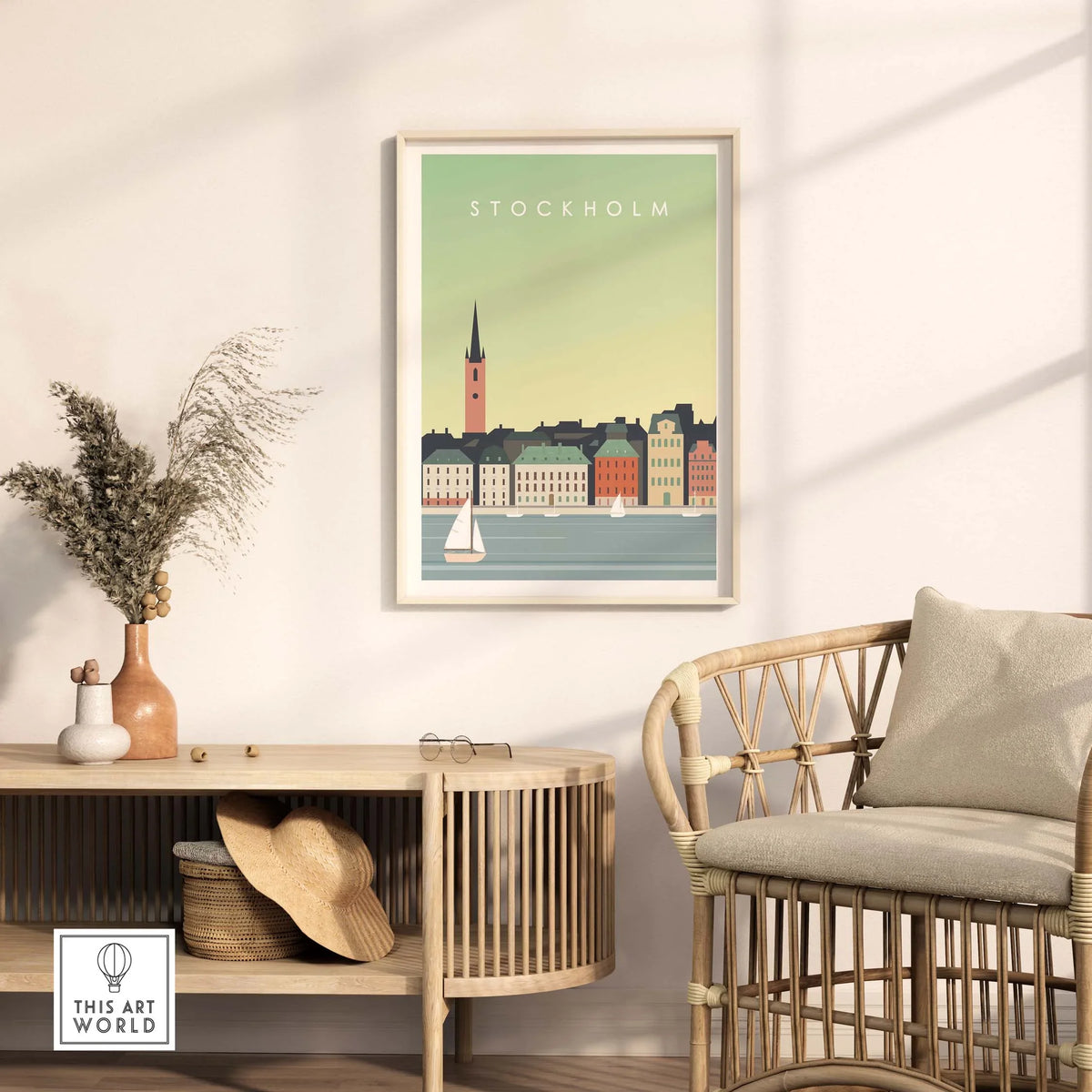 Stockholm Print Wall Art Poster featuring vintage-style depiction of Stockholm skyline in stylish interior setting.