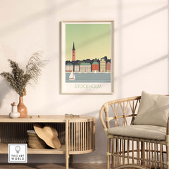 Stockholm Print Sweden Poster displayed in a modern home setting, showcasing vibrant cityscape and vintage design.
