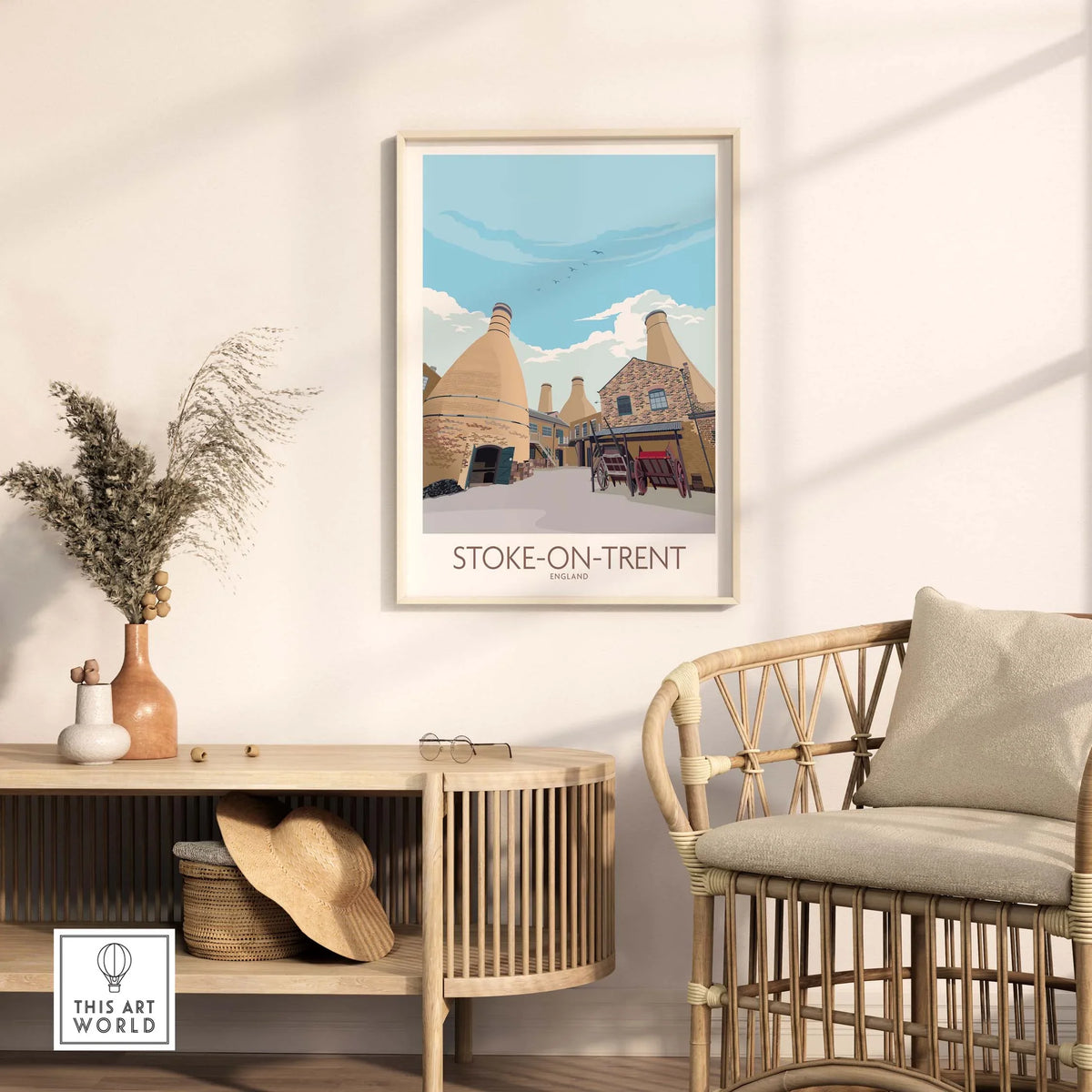 Stoke on Trent travel print featuring iconic pottery, framed artwork for stylish home decor.