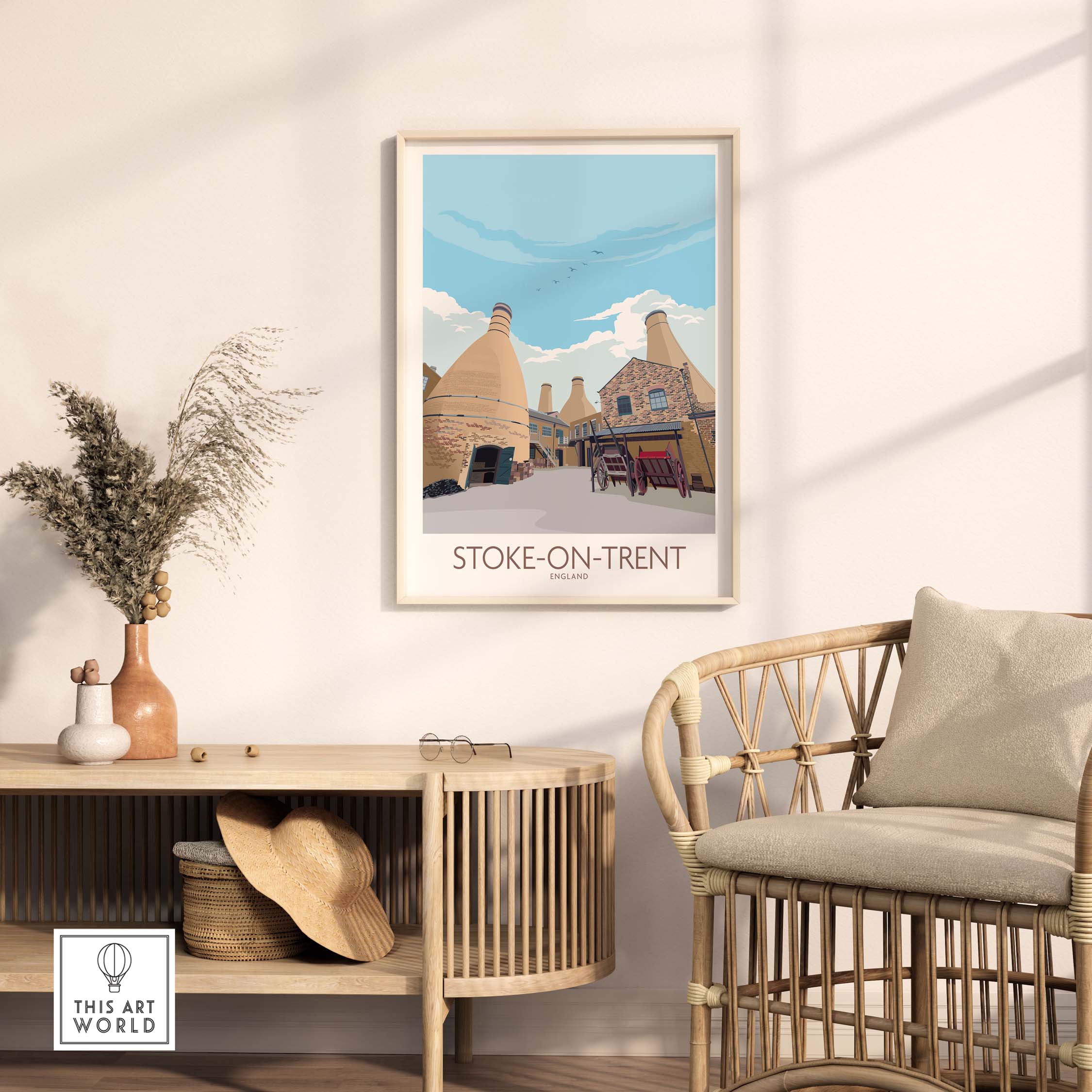Stoke on Trent travel print featuring iconic pottery, framed artwork for stylish home decor.