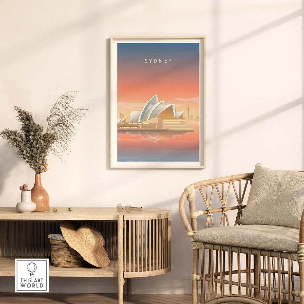Sydney Wall Art Poster featuring the Opera House, framed in a stylish interior setting with natural decor.