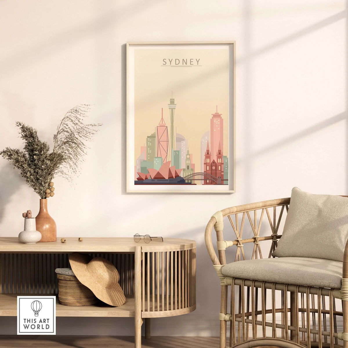 Sydney City Skyline Print in warm pastel tones, showcasing Sydney Harbour Bridge and Opera House, perfect for wall art decor.