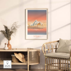 Sydney Australia wall art featuring a vintage-inspired design of Sydney Opera House in a stylish interior setting.