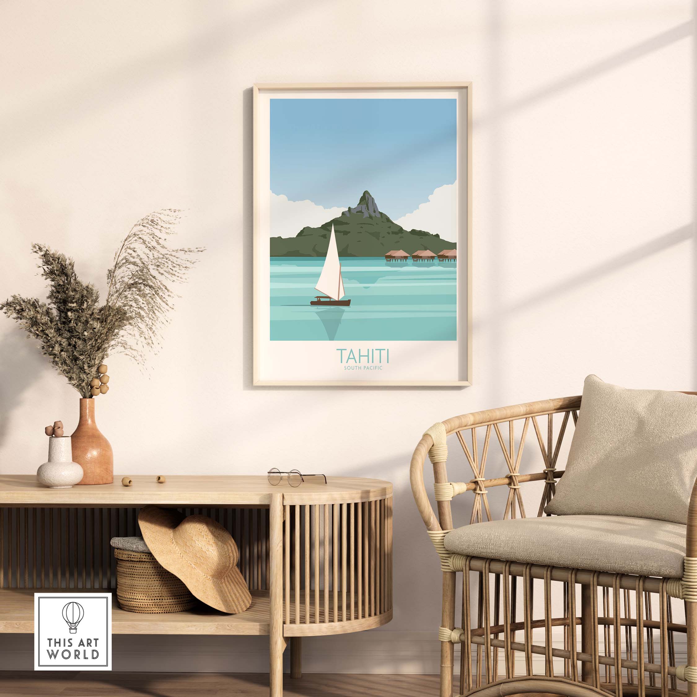 Tahiti art print travel poster displayed in a stylish home setting with a natural wood accent.