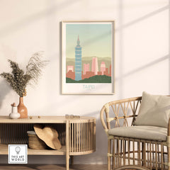 Taipei Print Travel Poster featuring Taipei 101 and city skyline, framed artwork in stylish home decor setting.