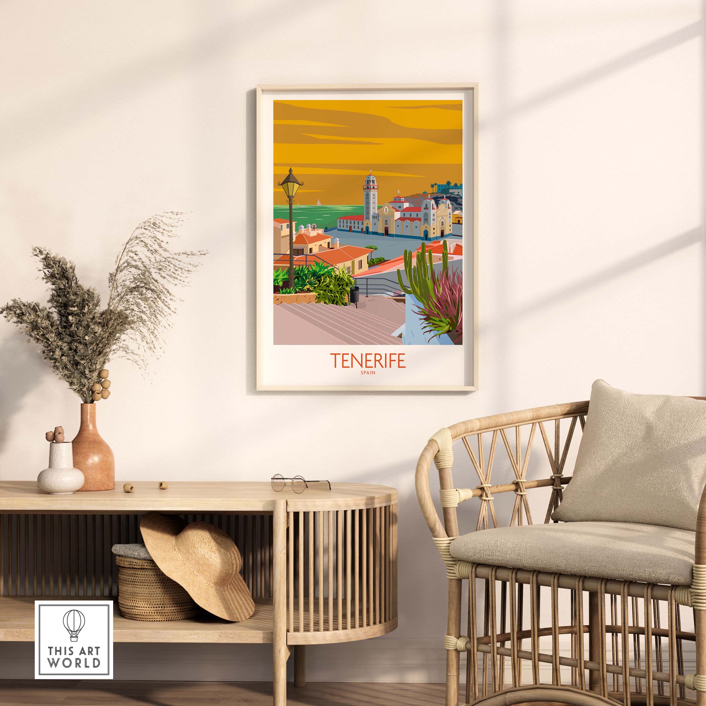 Tenerife poster print showcasing vintage travel art, displayed in a stylish home interior setting.