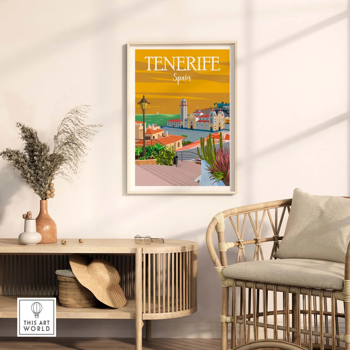 Tenerife Poster Print Wall Art featuring a vibrant vintage design, perfect for home or office decor.