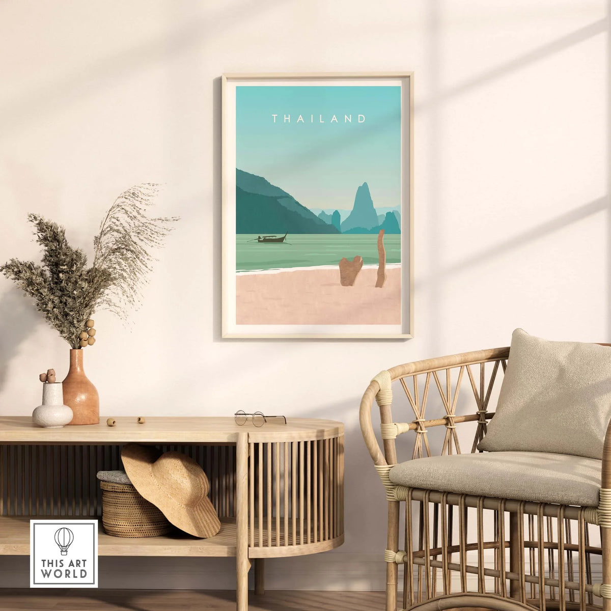 Thailand print wall art poster displayed in a stylish interior, evoking wanderlust and vintage travel aesthetics.