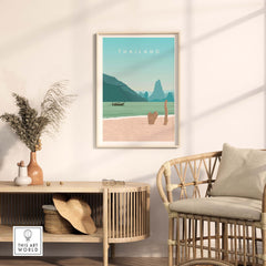 Thailand print wall art poster displayed in a stylish interior, evoking wanderlust and vintage travel aesthetics.