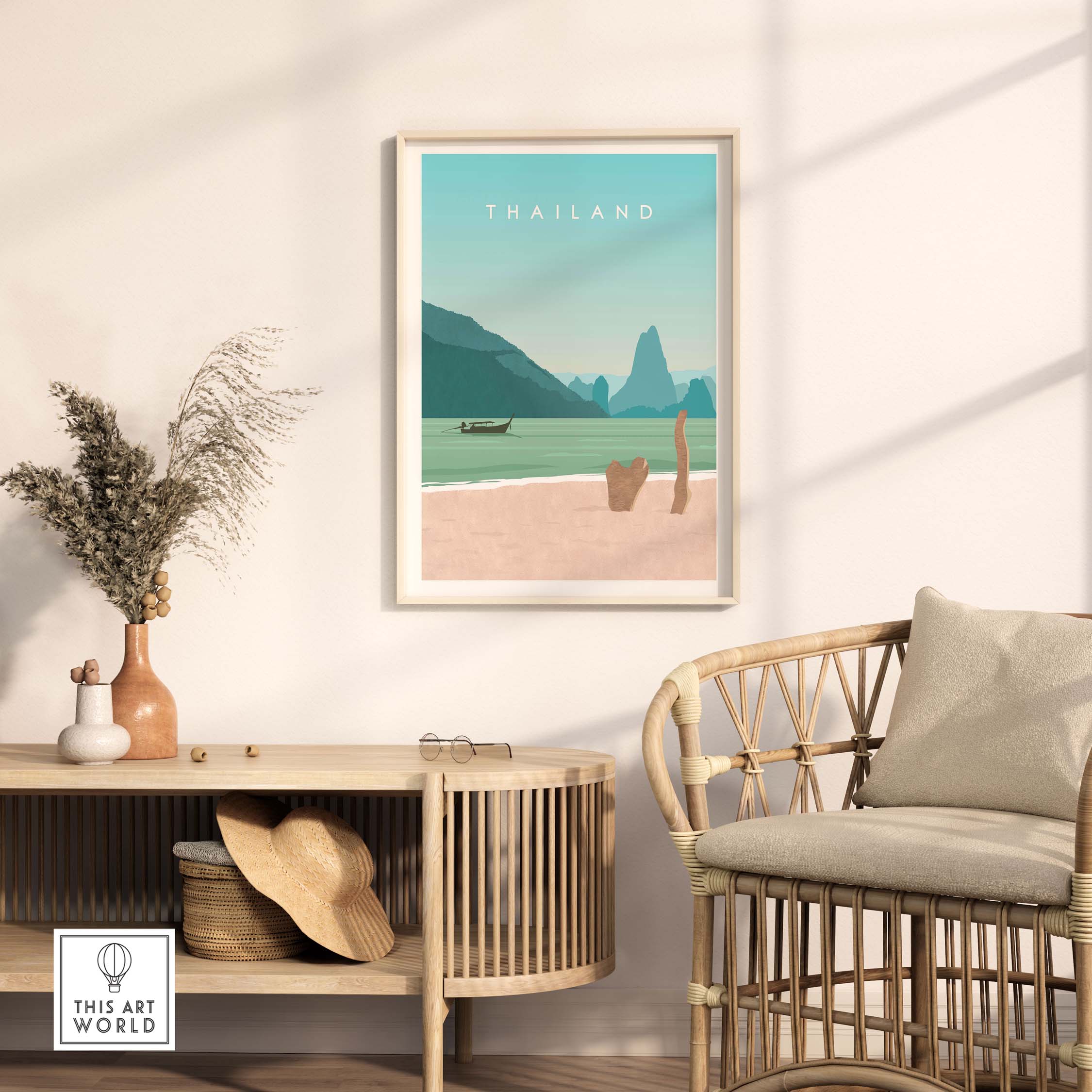 Thailand print wall art poster displayed in a stylish interior, evoking wanderlust and vintage travel aesthetics.