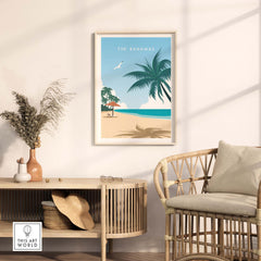 The Bahamas Travel Poster Print featuring palm trees and beach, perfect for stylish home decor.