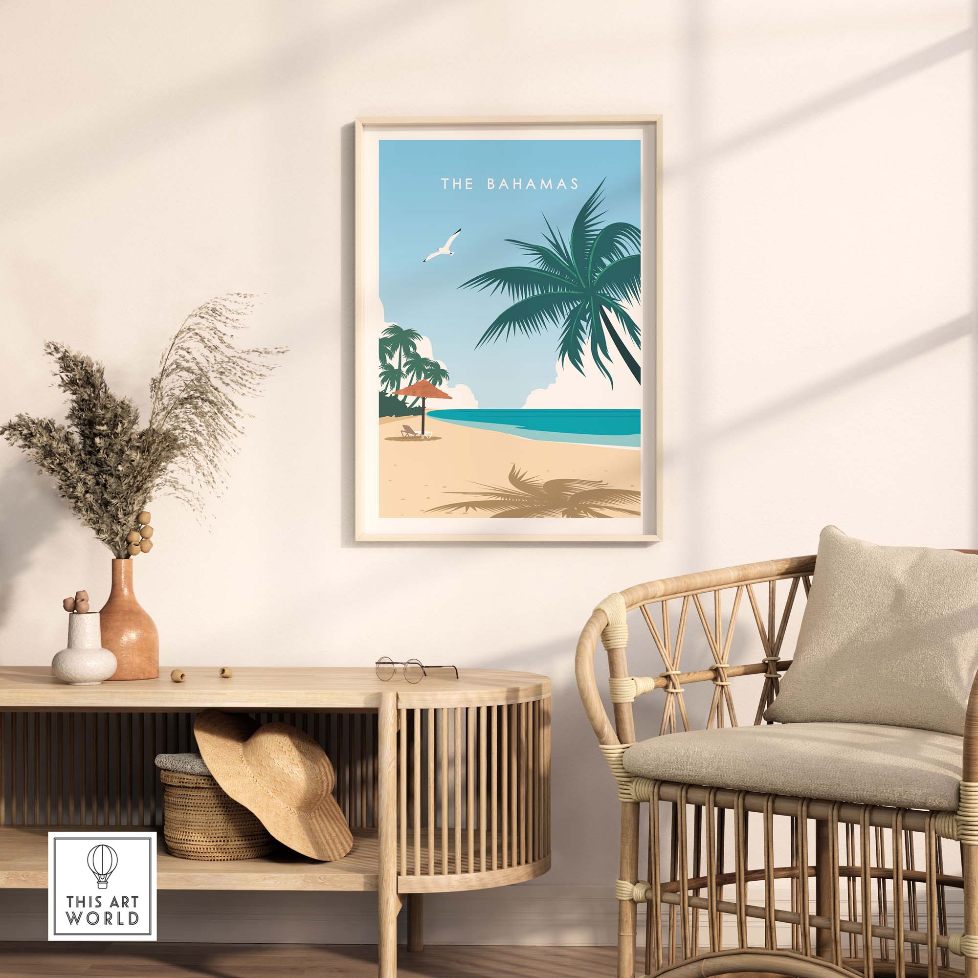 The Bahamas Travel Poster Print featuring palm trees and beach, perfect for stylish home decor.