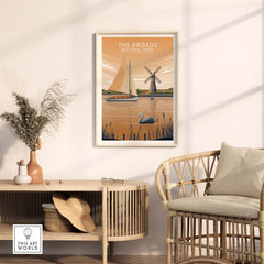 The Broads National Park poster featuring a sailboat and windmill in a minimalist design, ideal for home decor.