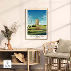 The Cotswolds Print framed, showcasing a vintage travel poster in a stylish home decor setting.