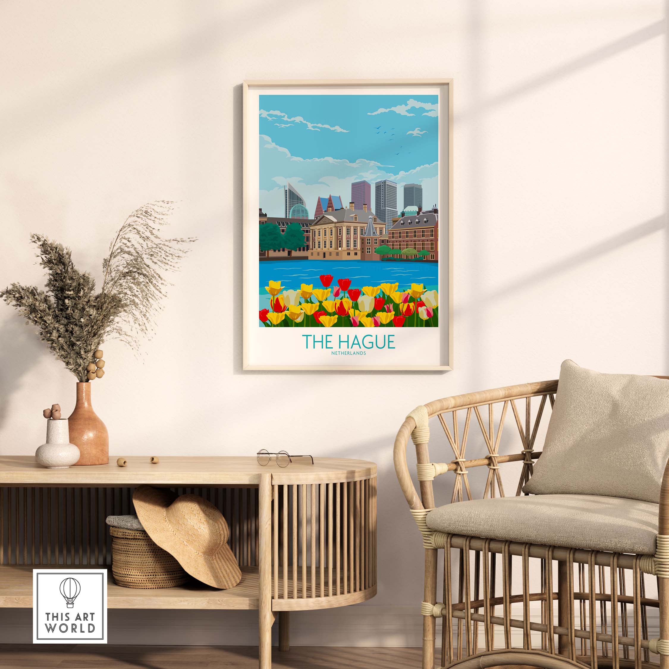 The Hague Netherlands poster featuring tulips and city skyline in minimalist design, displayed in a stylish interior setting.
