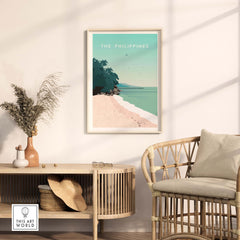 Philippines poster print wall art featuring a tropical beach scene in a stylish home setting.