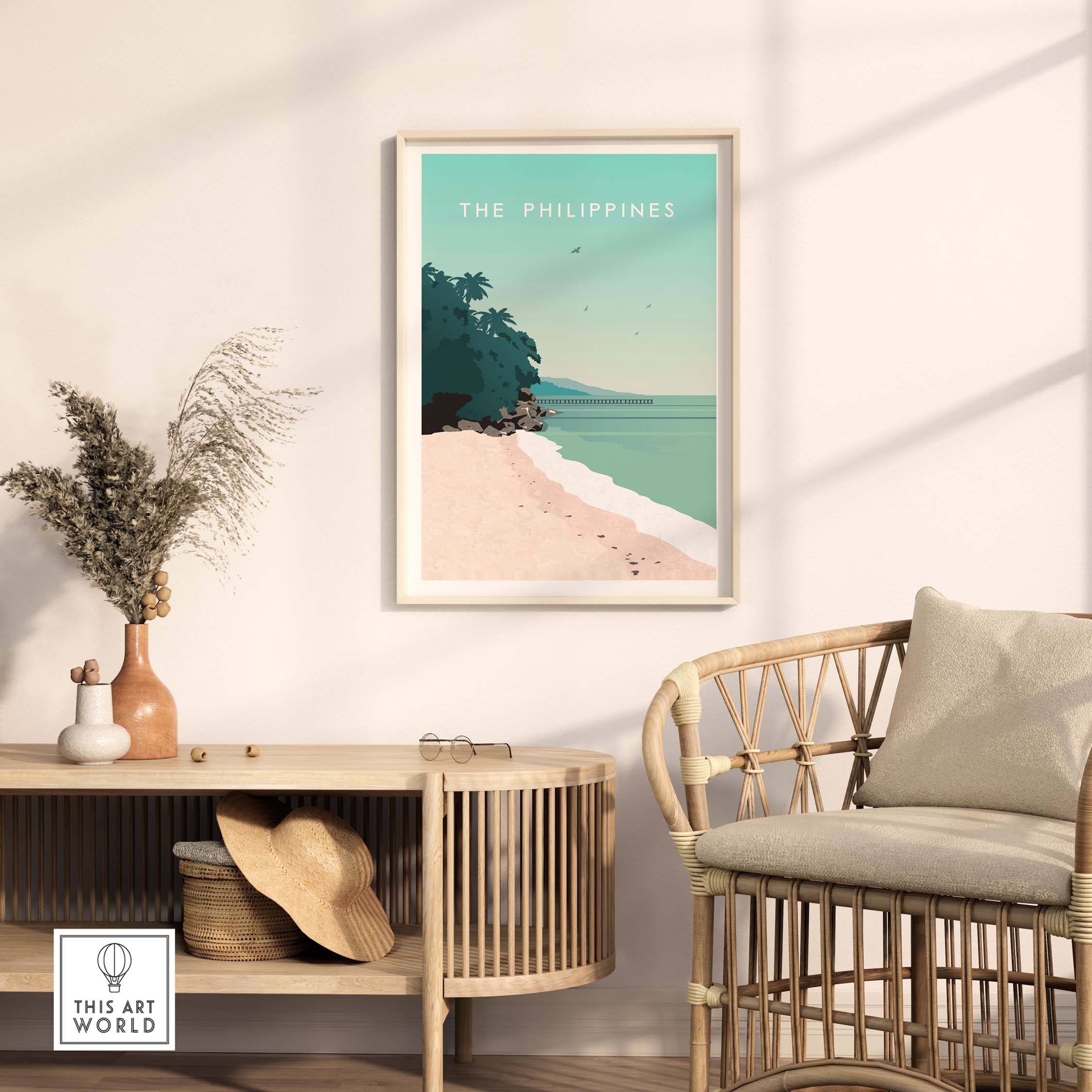 Philippines poster print wall art featuring a tropical beach scene in a stylish home setting.
