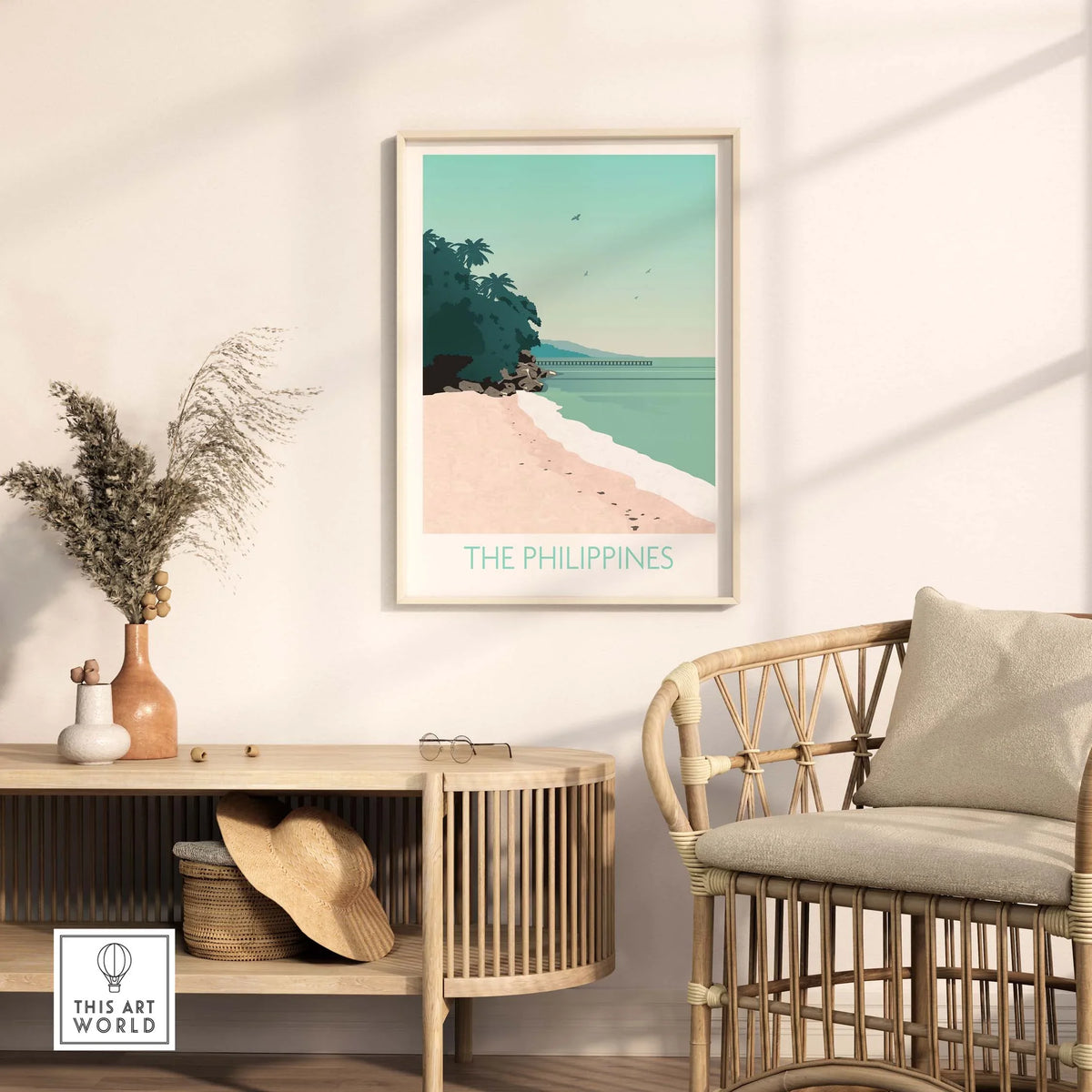 Philippines print travel poster featuring a serene beach scene, ideal for enhancing home or office decor.