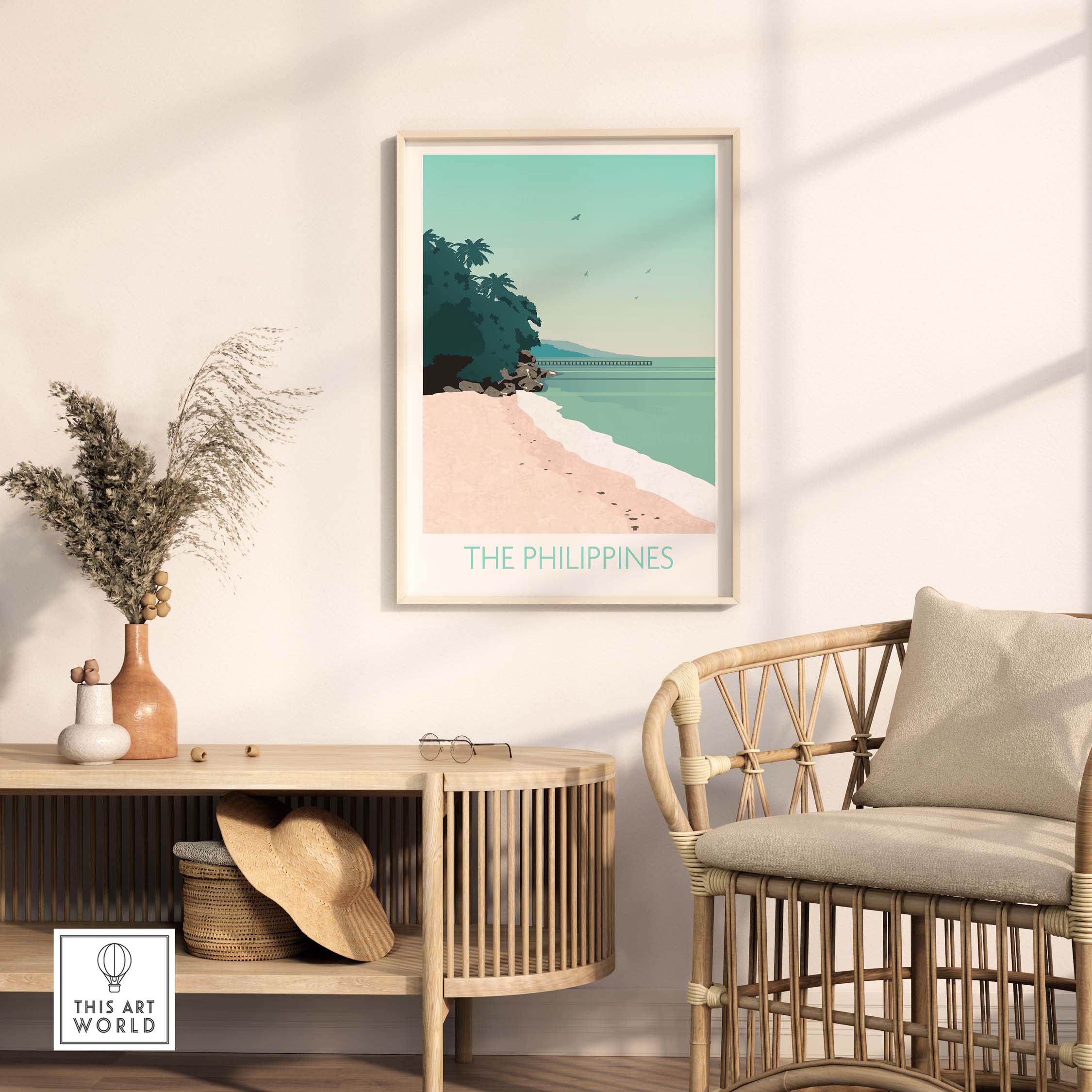 Philippines print travel poster featuring a serene beach scene, ideal for enhancing home or office decor.