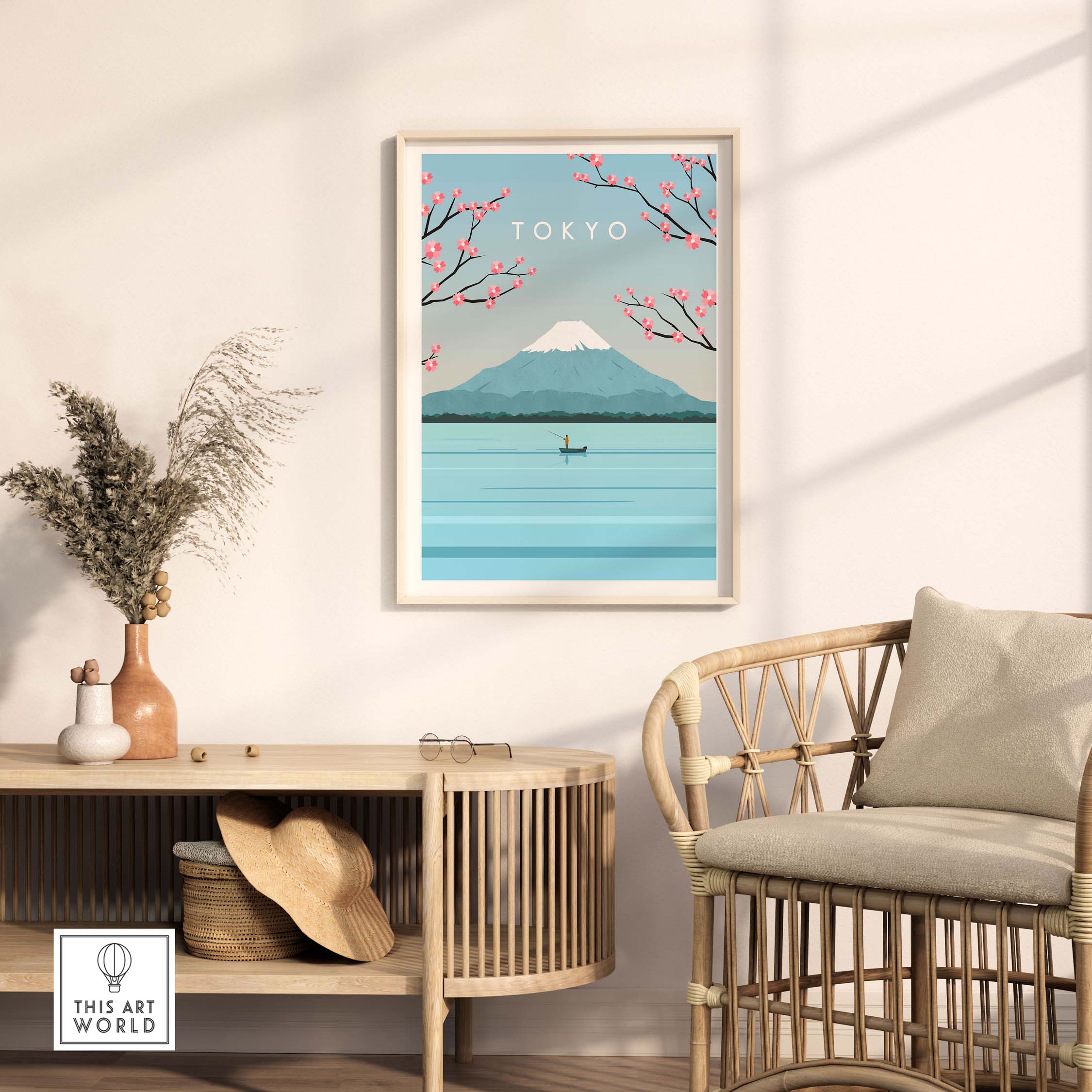 Tokyo print wall art poster featuring Mount Fuji and cherry blossoms, ideal for home or office decor.