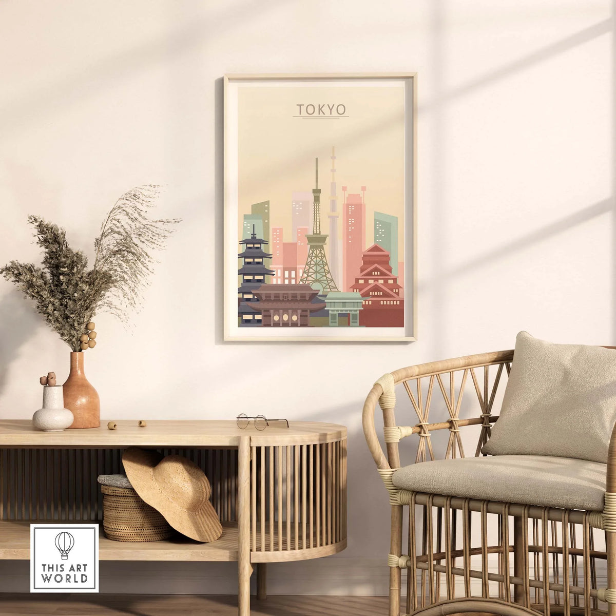 Tokyo skyline poster in pastel colors displayed in a modern living room setting with stylish furniture.