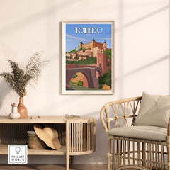 Toledo Spain vintage travel poster featuring cityscape in minimalist style, perfect for home decor.
