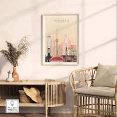 Toronto Skyline Print in pastel tones displayed in a stylish home setting with modern decor.