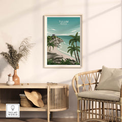 Tulum wall art in a minimalist design, featuring tropical scenery and ocean views, displayed in a modern living room setting.