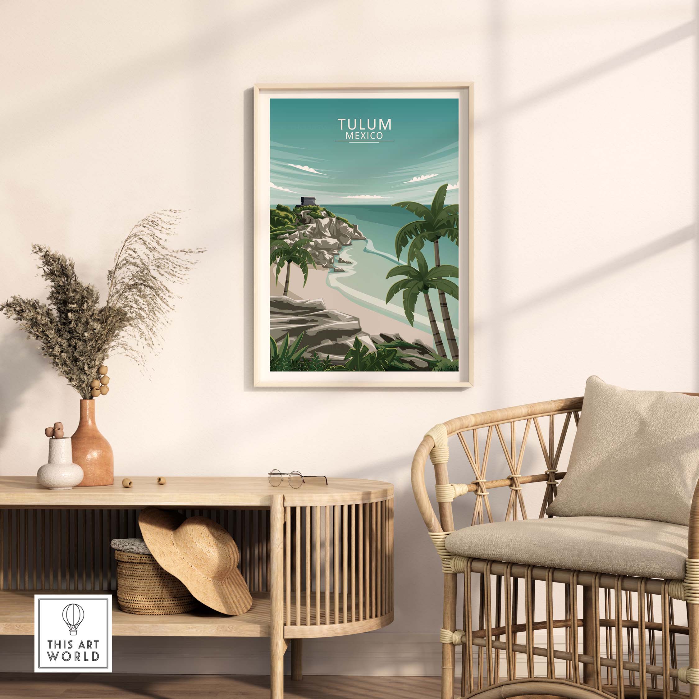 Tulum wall art in a minimalist design, featuring tropical scenery and ocean views, displayed in a modern living room setting.