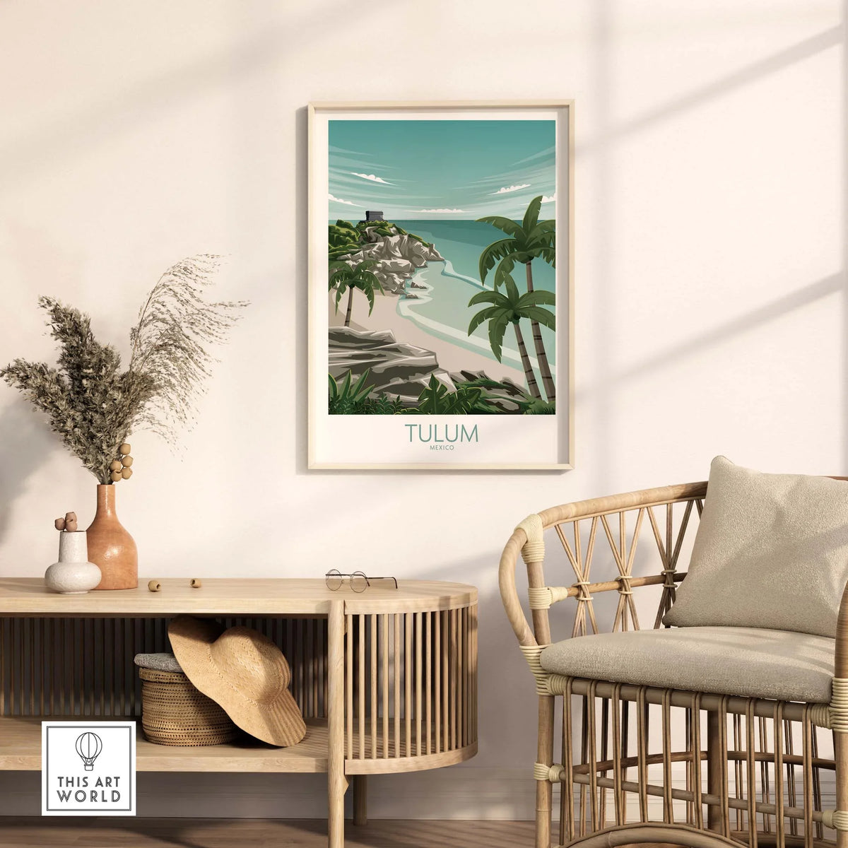 Tulum art print travel poster featuring a beach scene, framed and displayed in a stylish home interior.