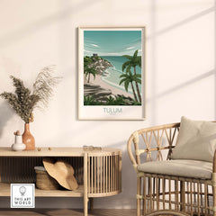 Tulum art print travel poster featuring a beach scene, framed and displayed in a stylish home interior.