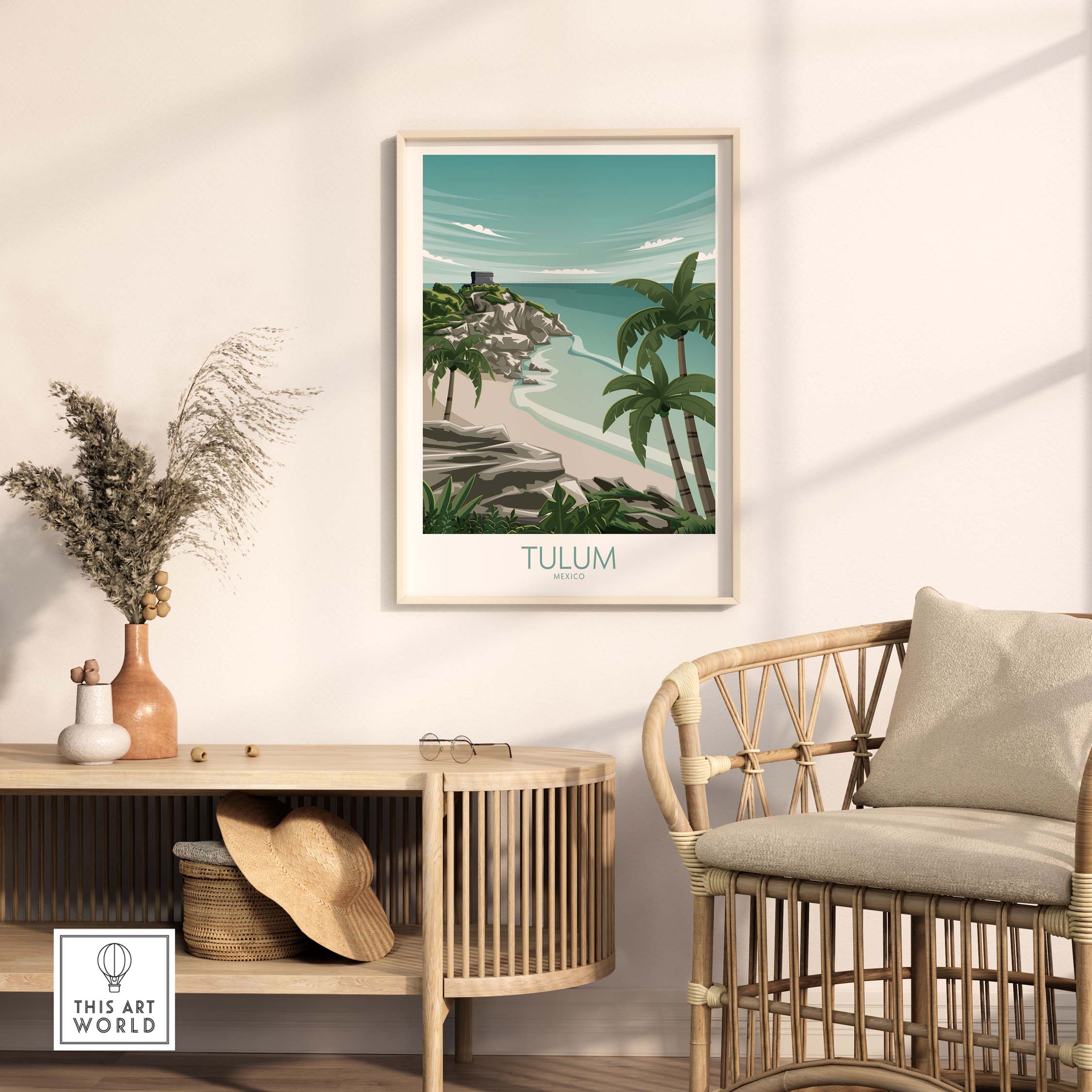 Tulum art print travel poster featuring a beach scene, framed and displayed in a stylish home interior.
