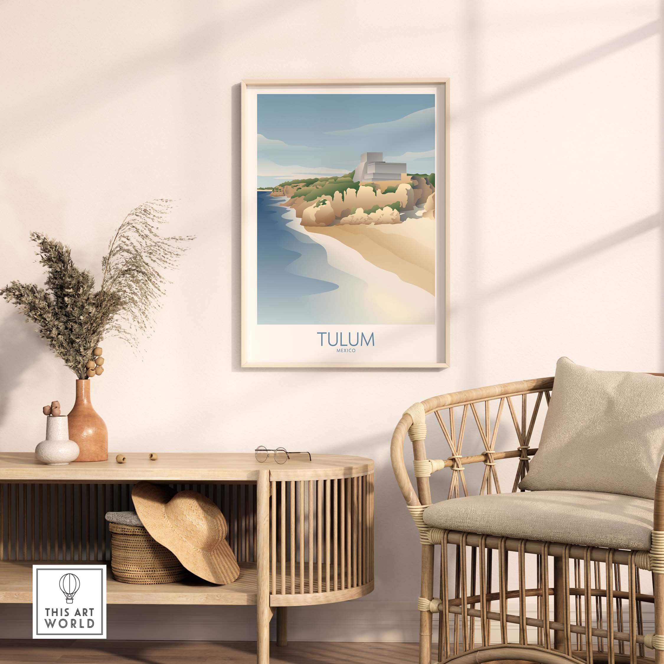 Framed Tulum Mexico wall art print, showcasing serene beach and landscape, perfect for home or office decor.