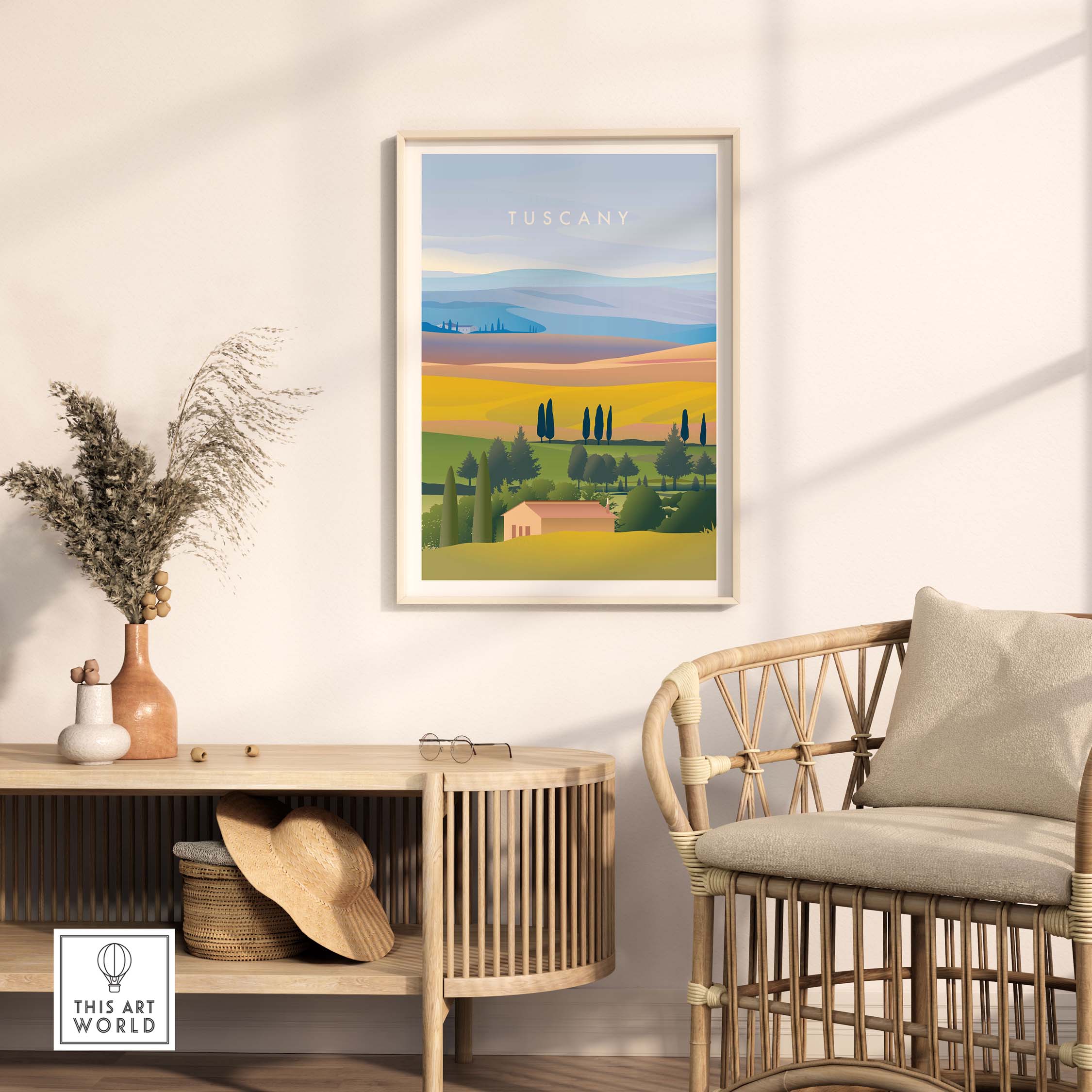 Tuscany Italy wall art poster displayed in a stylish interior, featuring serene landscapes and vibrant colors, enhancing home decor.