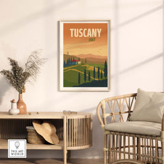 Tuscany poster wall art print displayed in a stylish living room with natural decor elements.