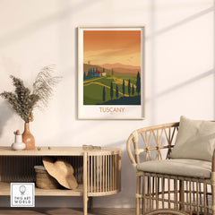 Tuscany poster art print displayed in a stylish living room, showcasing vintage travel inspiration and lush landscapes.