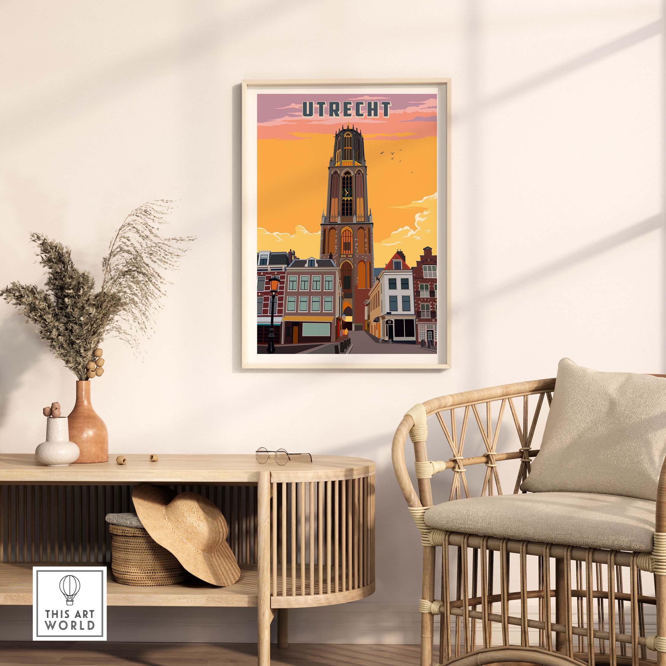 Utrecht travel poster featuring the iconic Dom Tower, ideal for home or office decor, showcasing Dutch charm.