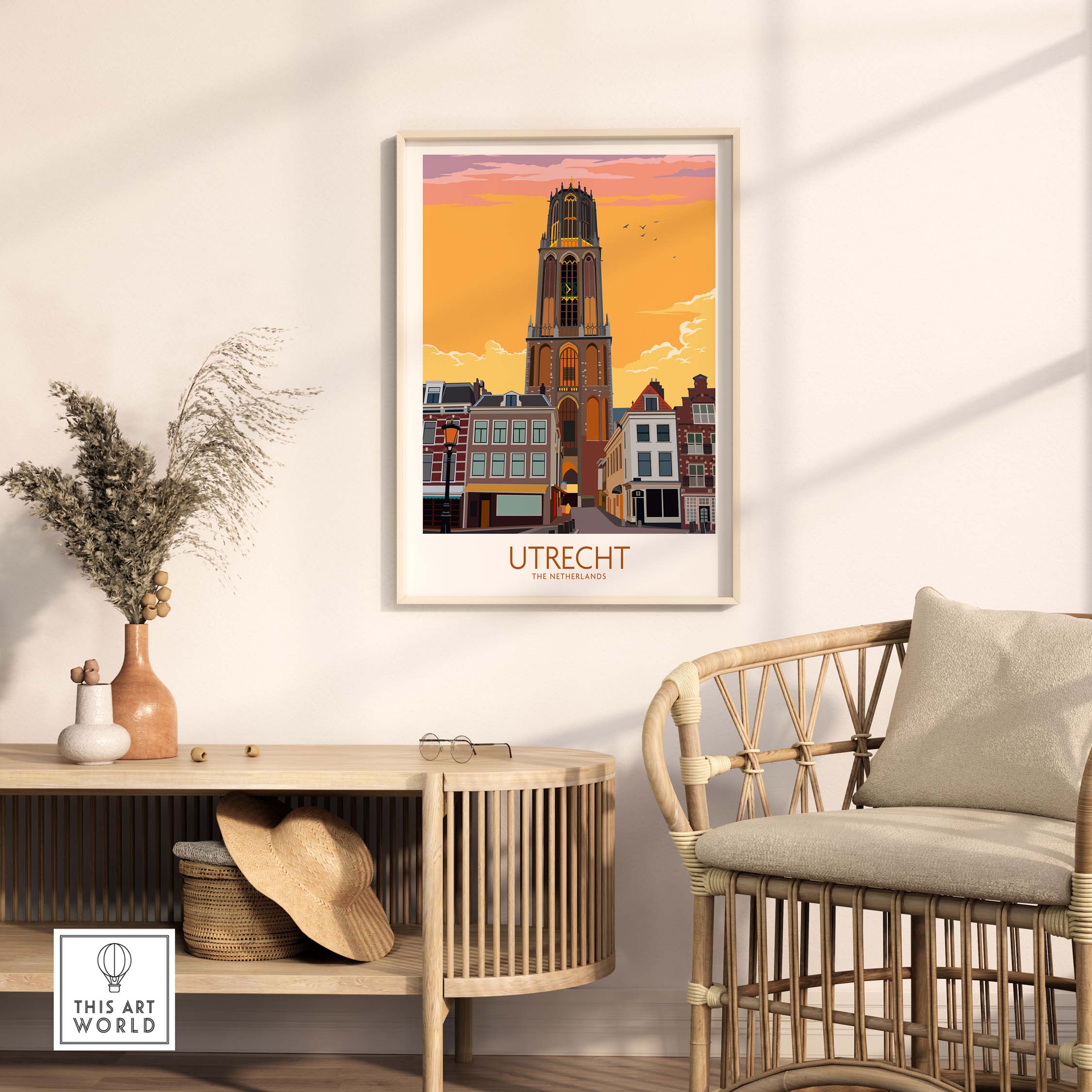 Utrecht Print Poster featuring a vibrant sunset view, perfect for travel enthusiasts and stylish home decor.