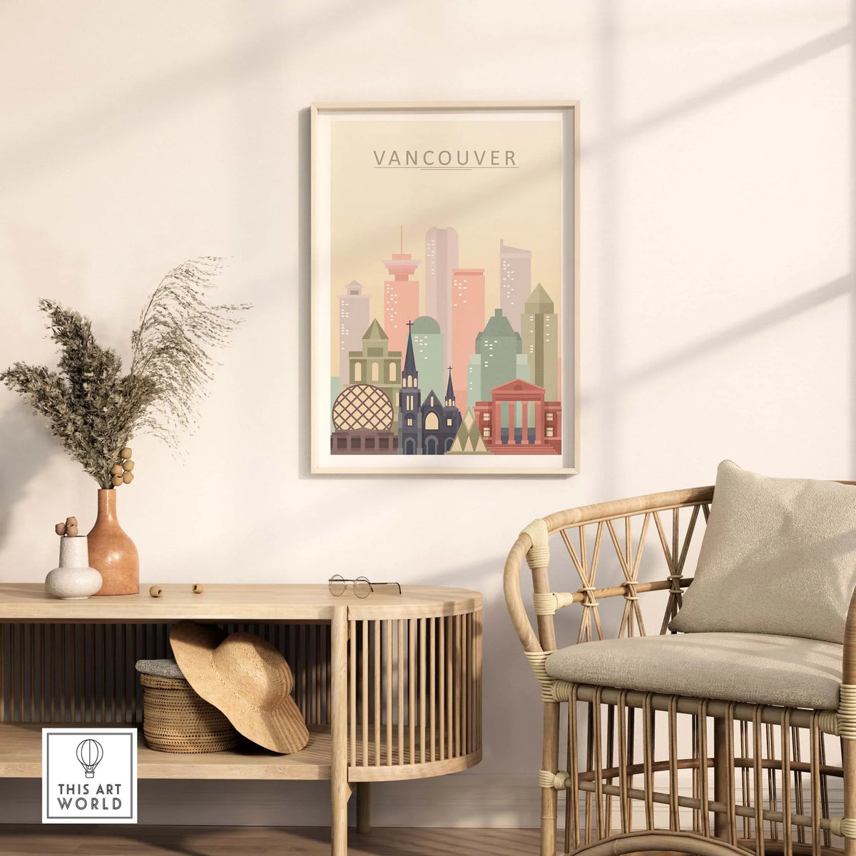 Framed Vancouver city print wall art showcasing iconic architecture in warm pastel tones.