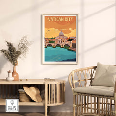 Vatican City print in a stylish living room, framed artwork showcasing vintage travel aesthetics.