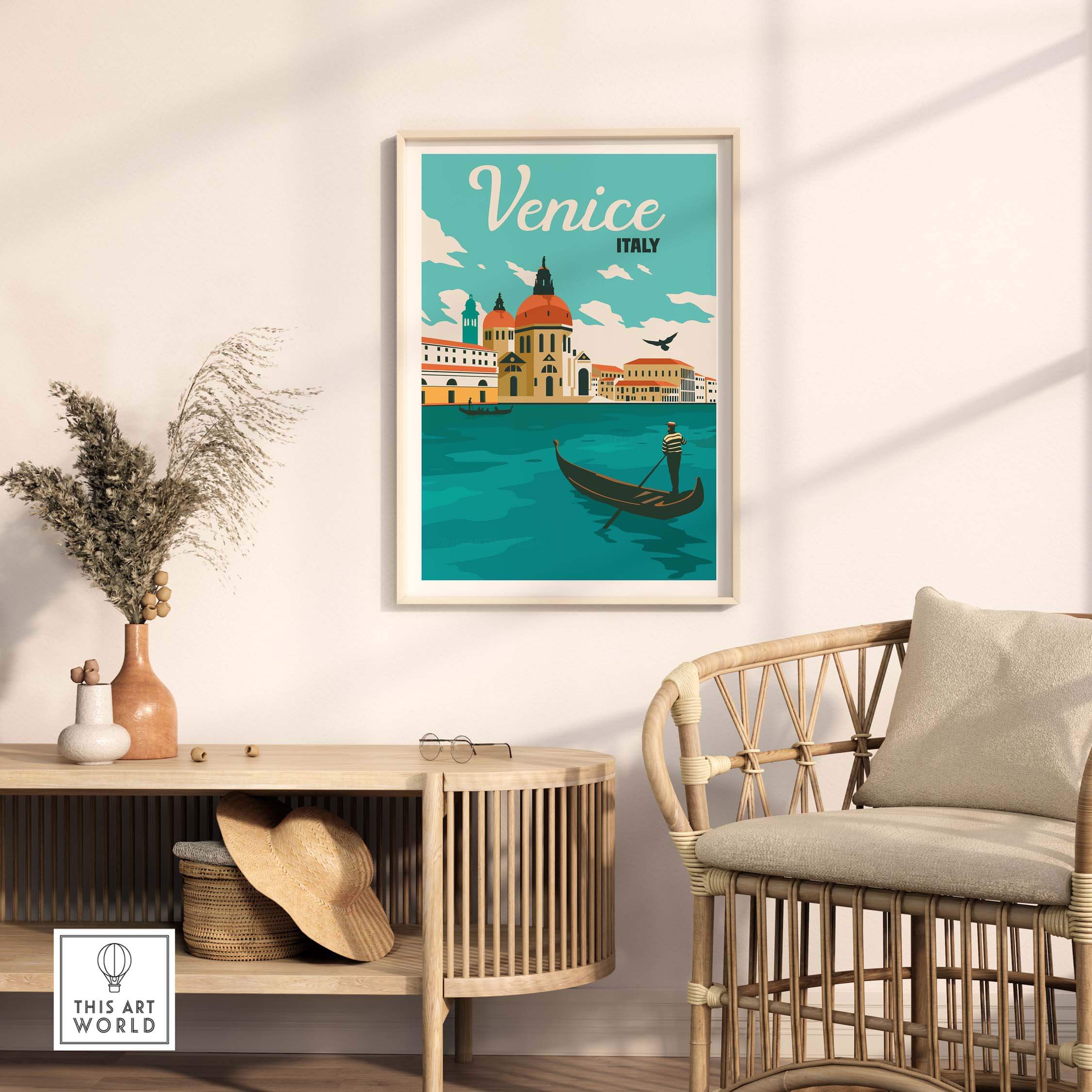 Venice poster wall art print displayed in a stylish interior, featuring a gondola and vibrant colors.