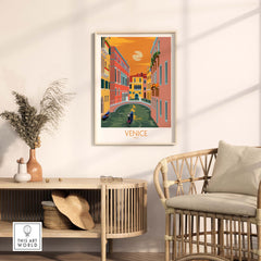 Venice travel poster print showcasing picturesque canals and vibrant buildings in a stylish interior setting.