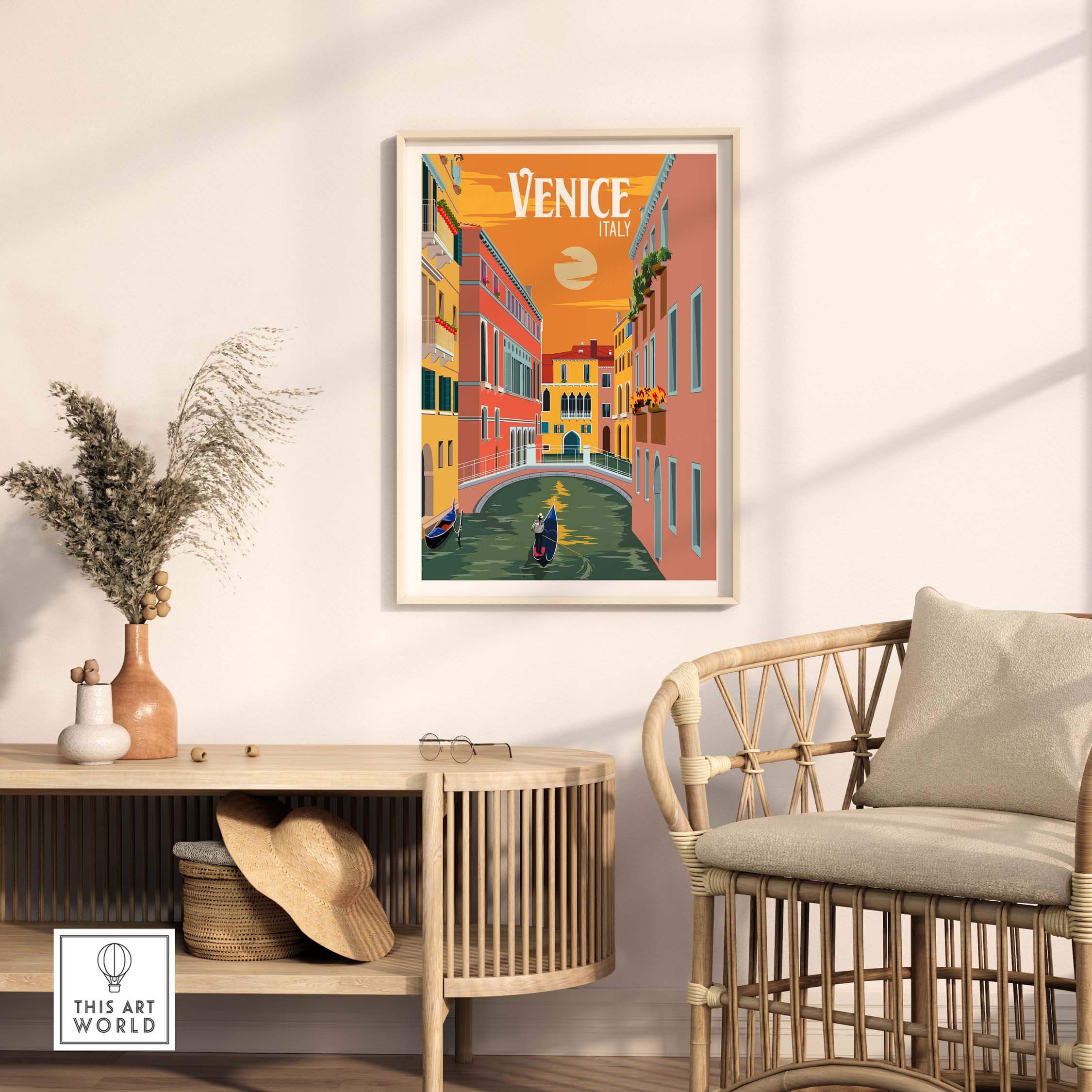 Venice Italy poster art displayed in a modern living room with a stylish chair and decorative elements.