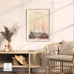Venice wall art print featuring pastel city skyline in a stylish living room setting.