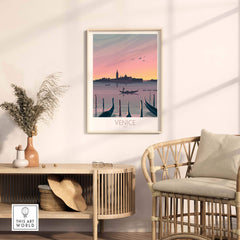 Venice print travel poster showcasing a sunset over gondolas, framed art in a stylish interior setting.