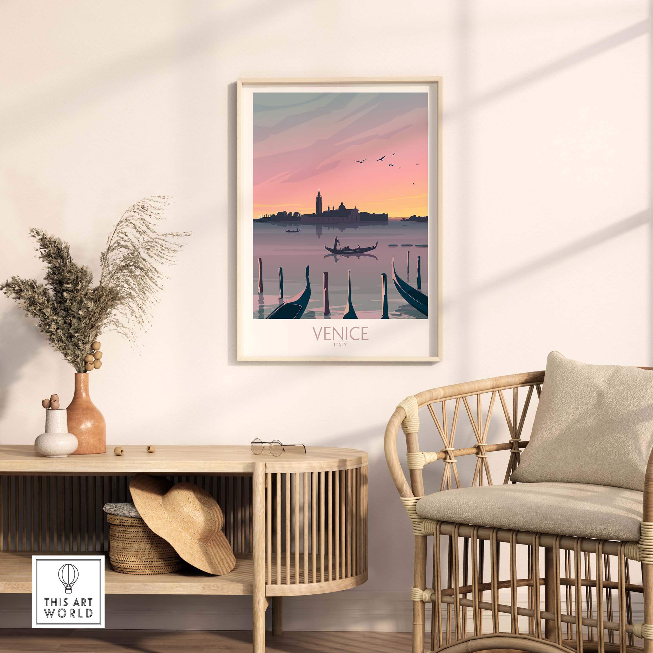 Venice print travel poster showcasing a sunset over gondolas, framed art in a stylish interior setting.