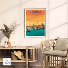Verona Italy travel poster print showcasing a vintage-inspired design in a modern home setting.
